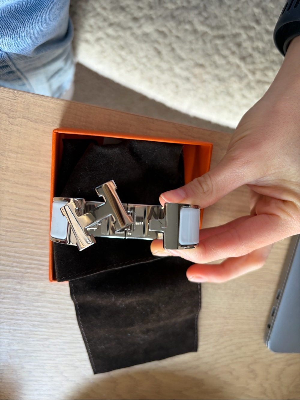 Hermes White Enamel and Silver Clic H Bracelet - Picture 2 of 8